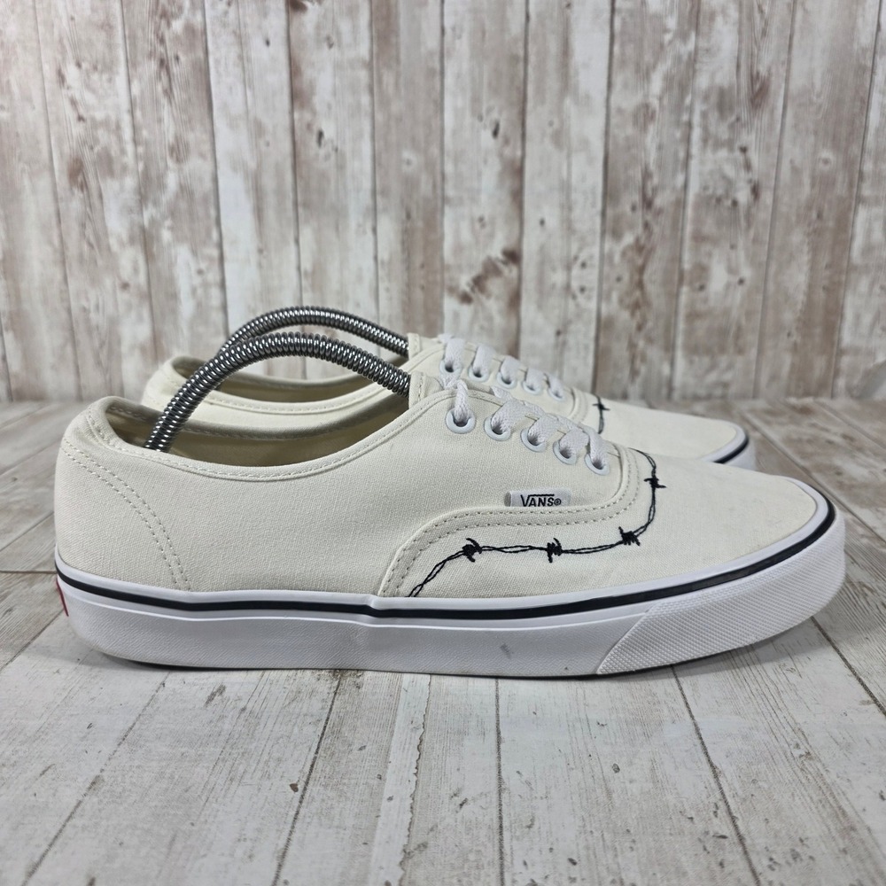 Vans Authentic Cream Canvas Barbed Wire Embroidered Sneakers Womens 12.5 Mens 11
